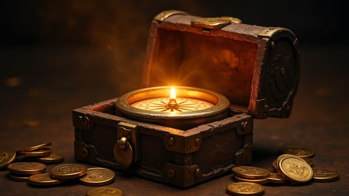 Uma bússola luminosa em um baú do tesouro cercado por moedas de ouro.