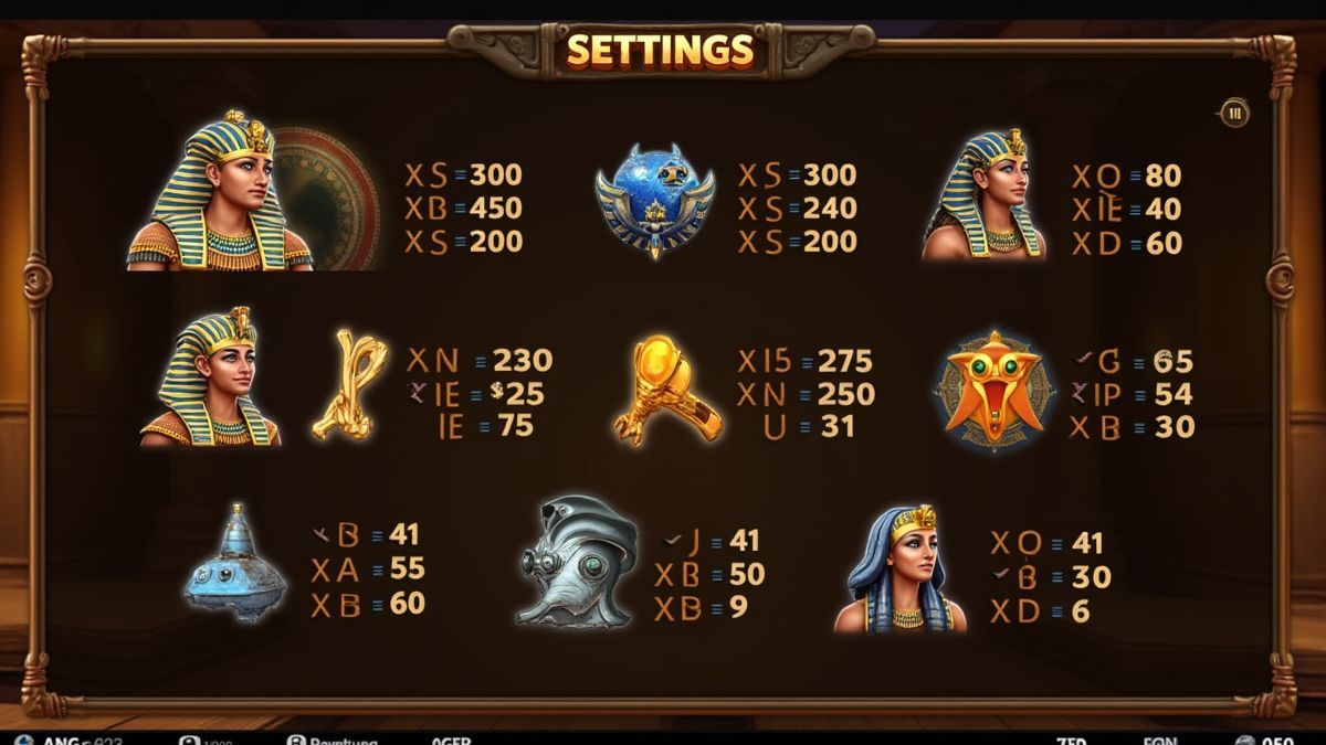 Interface digital com configurações de slot e símbolos egípcios.