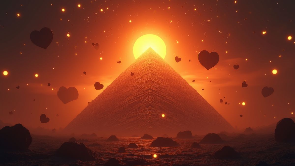Uma pirâmide iluminada ao atardecer com símbolos místicos flutuando.
