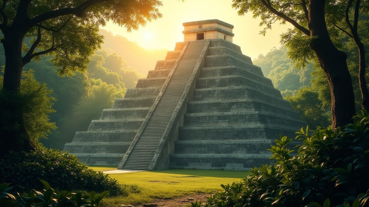 Pirâmide asteca rodeada de selva exuberante iluminada por raios de sol.