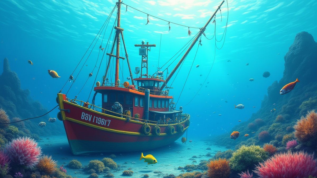 Vibrant fishing scene with colors and marine life.