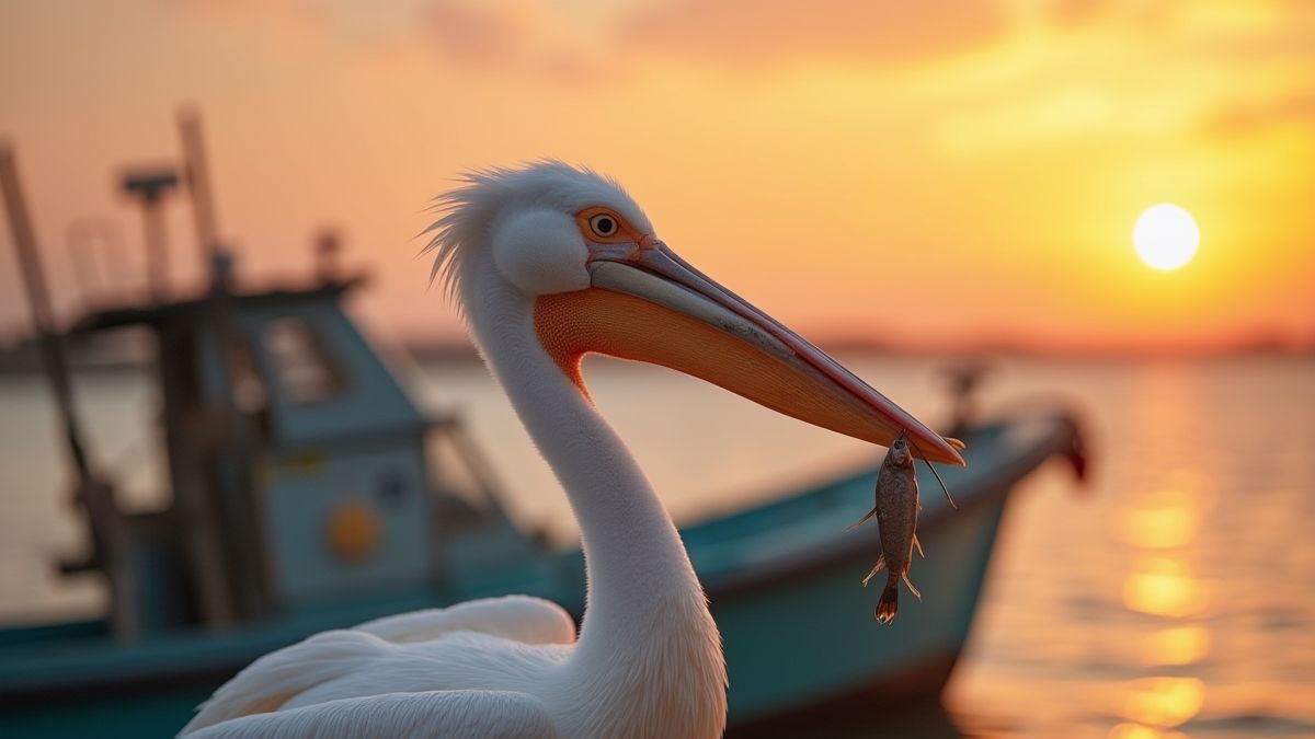 Cheerful pelican with a fish in its beak near a fishing boat at sunset.