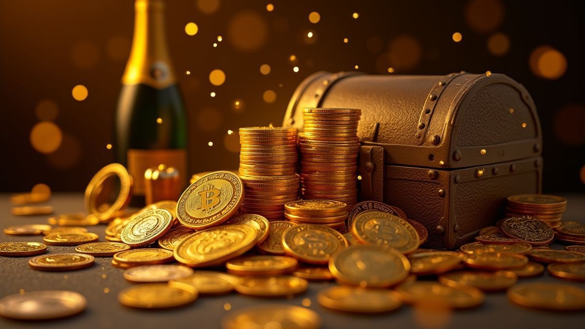 Gouden munten in een schatkist omringd door luxe voorwerpen.