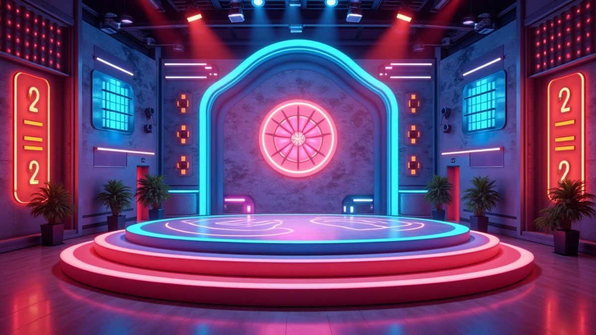 Televisiewedstrijd podium met retro decoraties en heldere lichten.