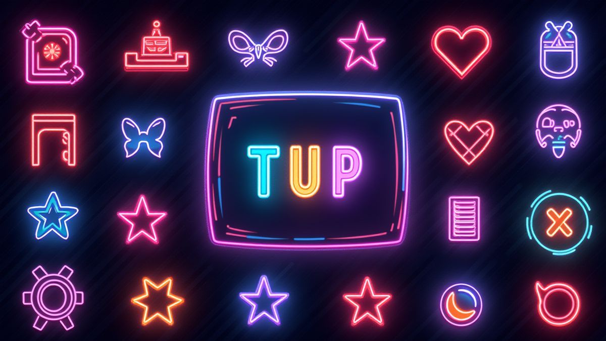 Retro graphics met neonlichten en televisiesymbolen.