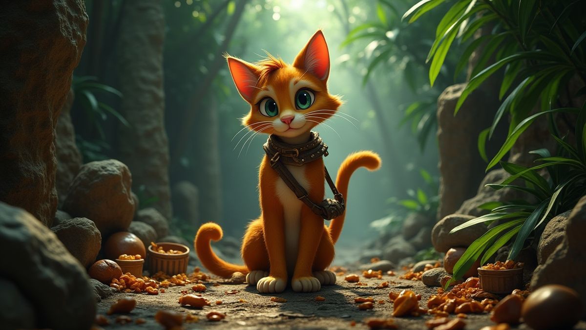 Un chat aventurier dans des ruines de la jungle entouré de trésors.