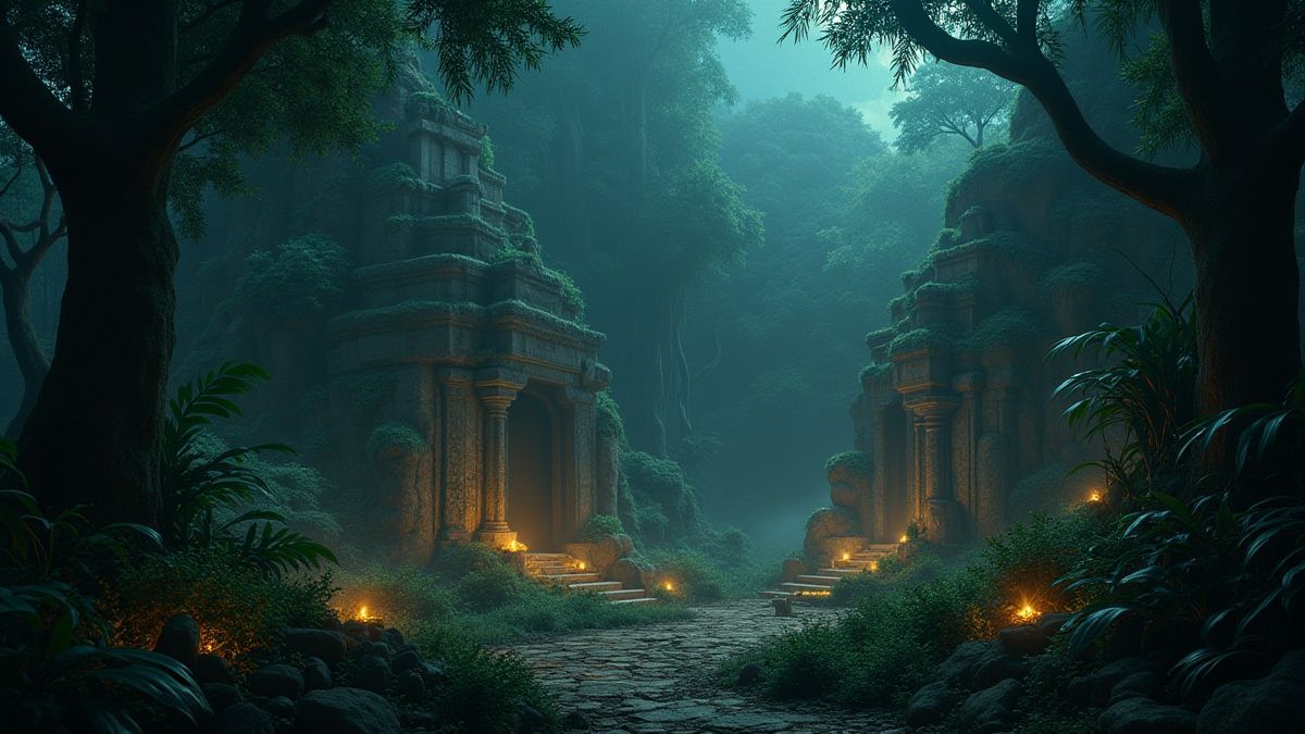 Ruines anciennes dans la jungle avec des trésors brillants.