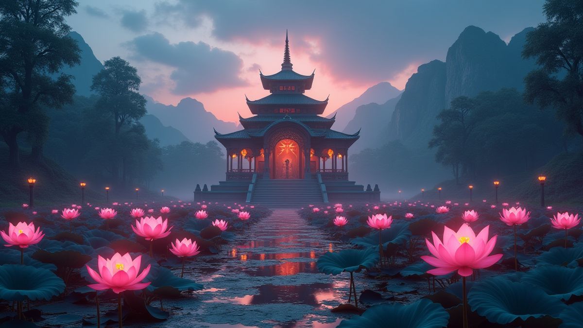 Templo místico rodeado de flores de loto al atardecer.