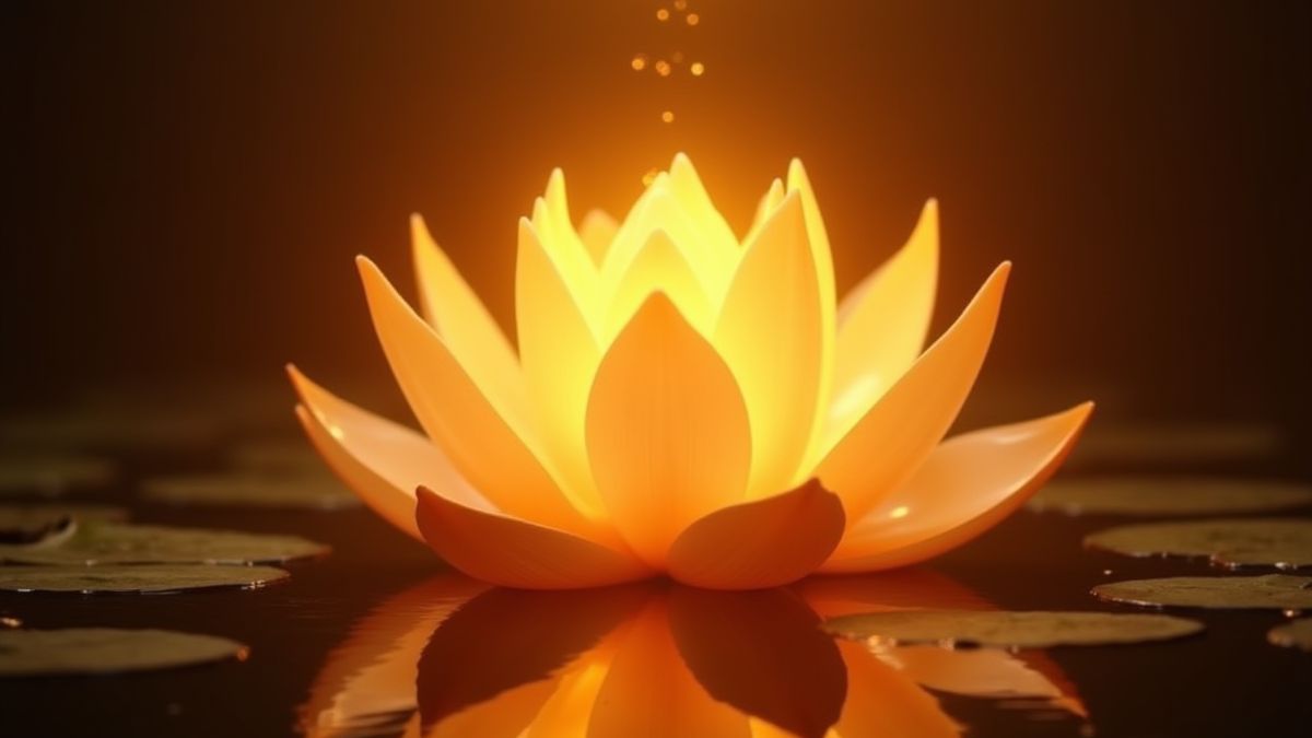 Flor de loto brillante rodeada de luz dorada.