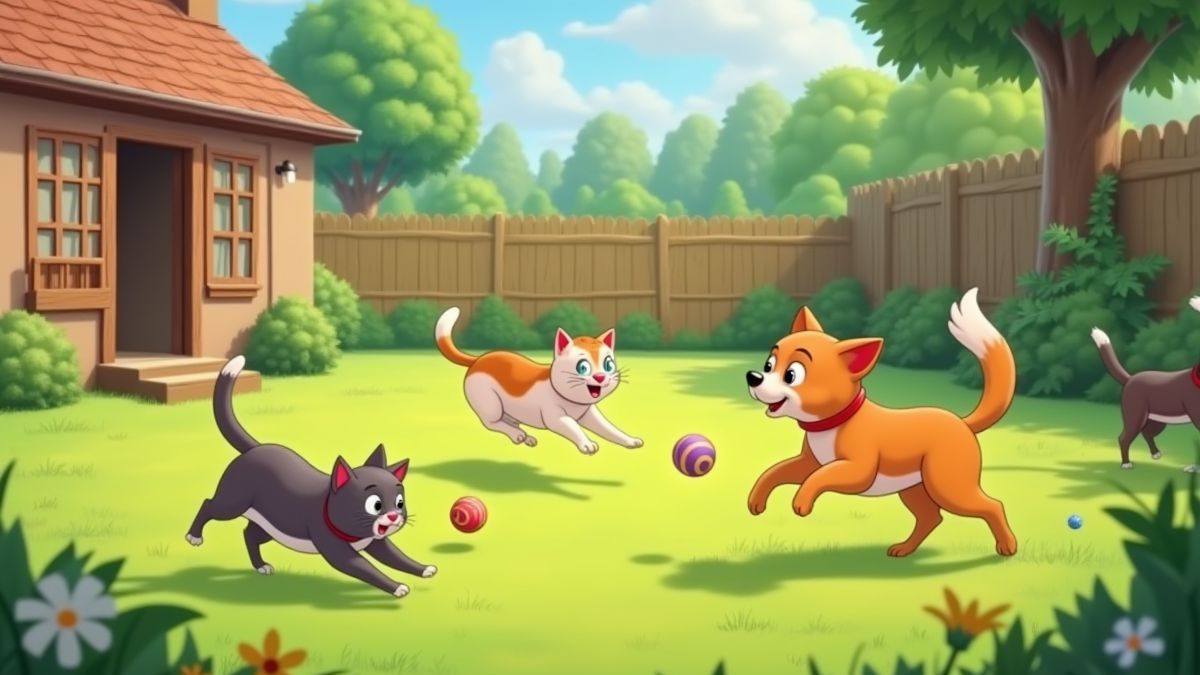 Ein animierter Garten mit Katzen, die Bälle jagen, und Hunden, die mit dem Schwanz wedeln.