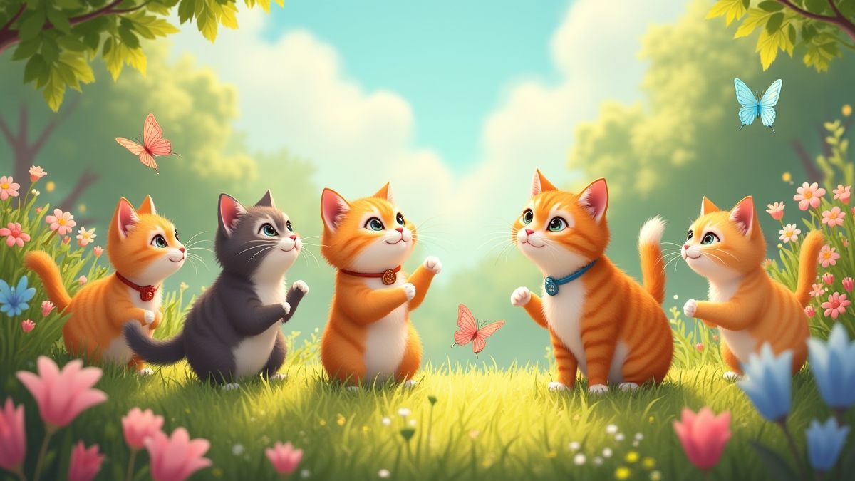 Des chats jouant dans un jardin rempli de fleurs et de papillons.