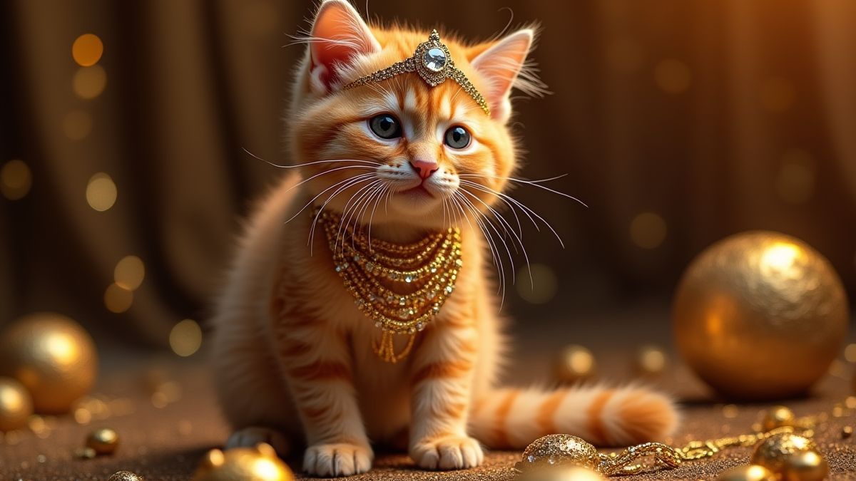 A cat dressed as a TV host surrounded by gold and jewels.