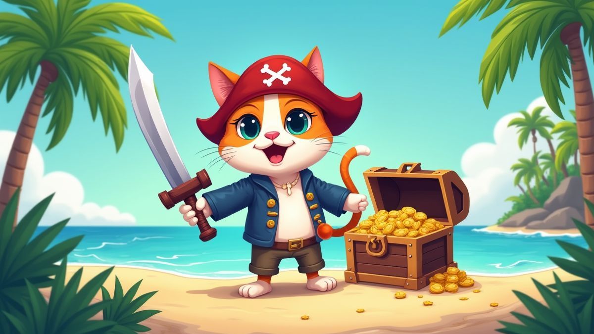 Un gato pirata sosteniendo una espada junto a un cofre del tesoro en una isla tropical.