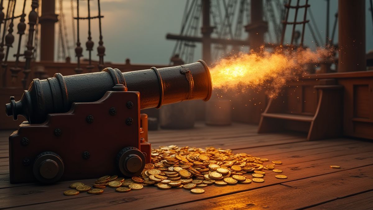 Un cañón disparando monedas doradas en la cubierta de un barco pirata.