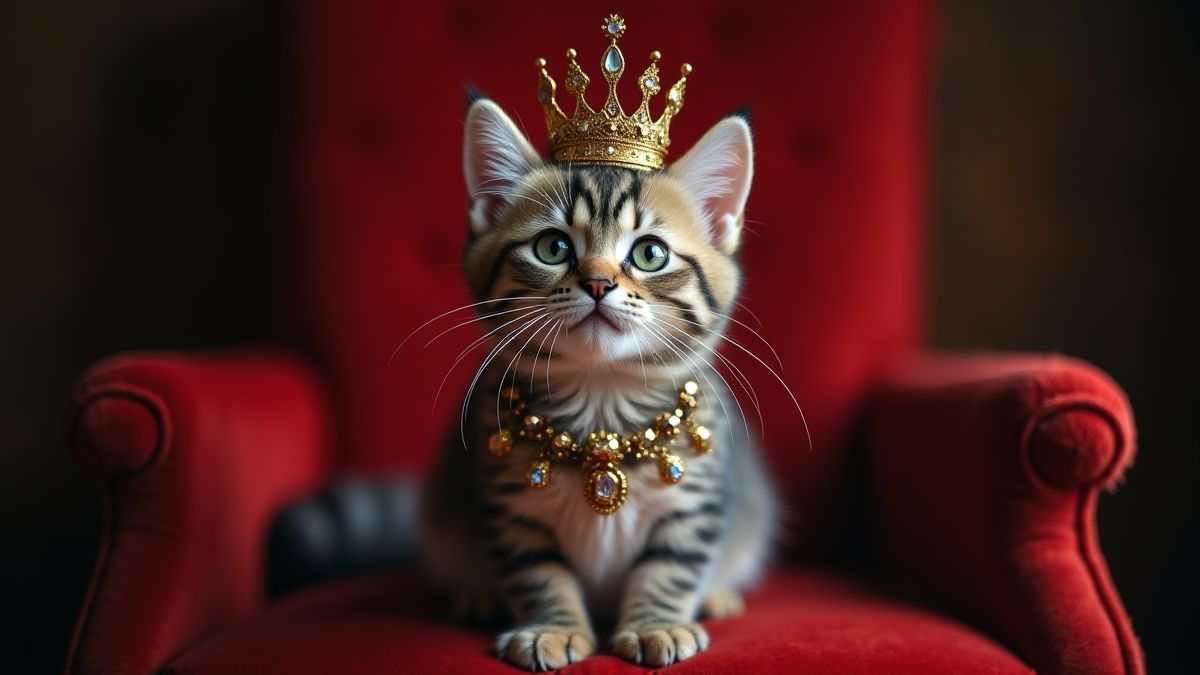 Gato elegante com coroa e joias em um trono de veludo