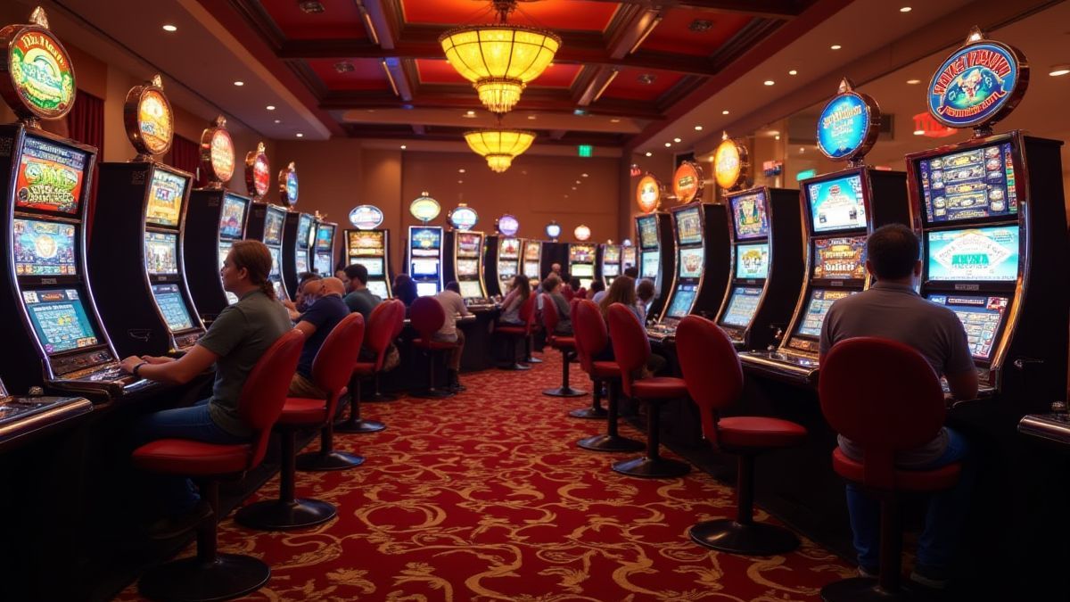 Ambiente de casino elegante com jogadores desfrutando de caça-níqueis