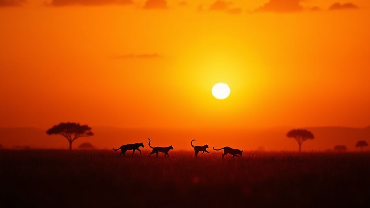 Eine Savanne, die im Sonnenuntergang beleuchtet wird, mit Silhouetten von wilden Katzen.