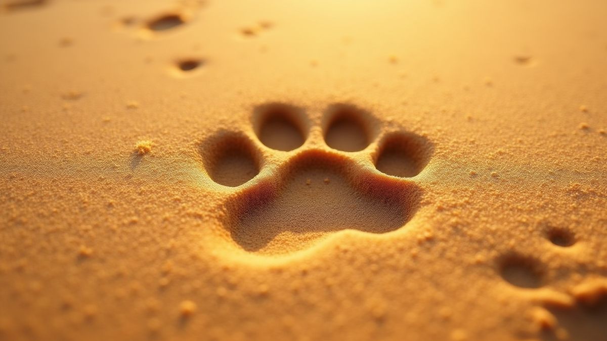 Eine Pfotenabdruck im Sand einer Savanne.