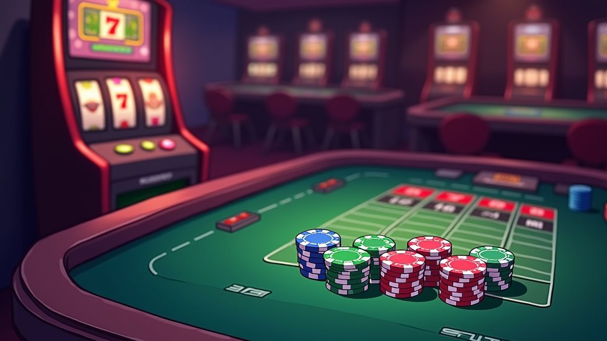 Table de casino avec jetons de poker et une machine à sous