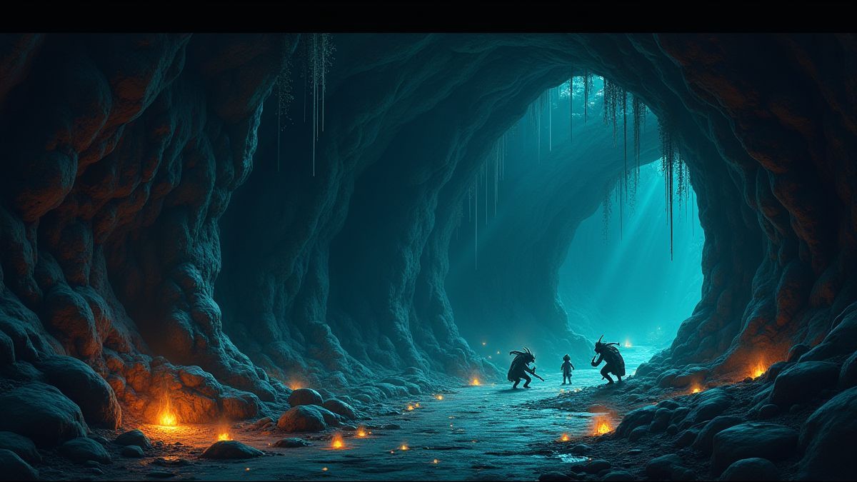 Caverna subterrânea com joias brilhantes e goblins trabalhando.