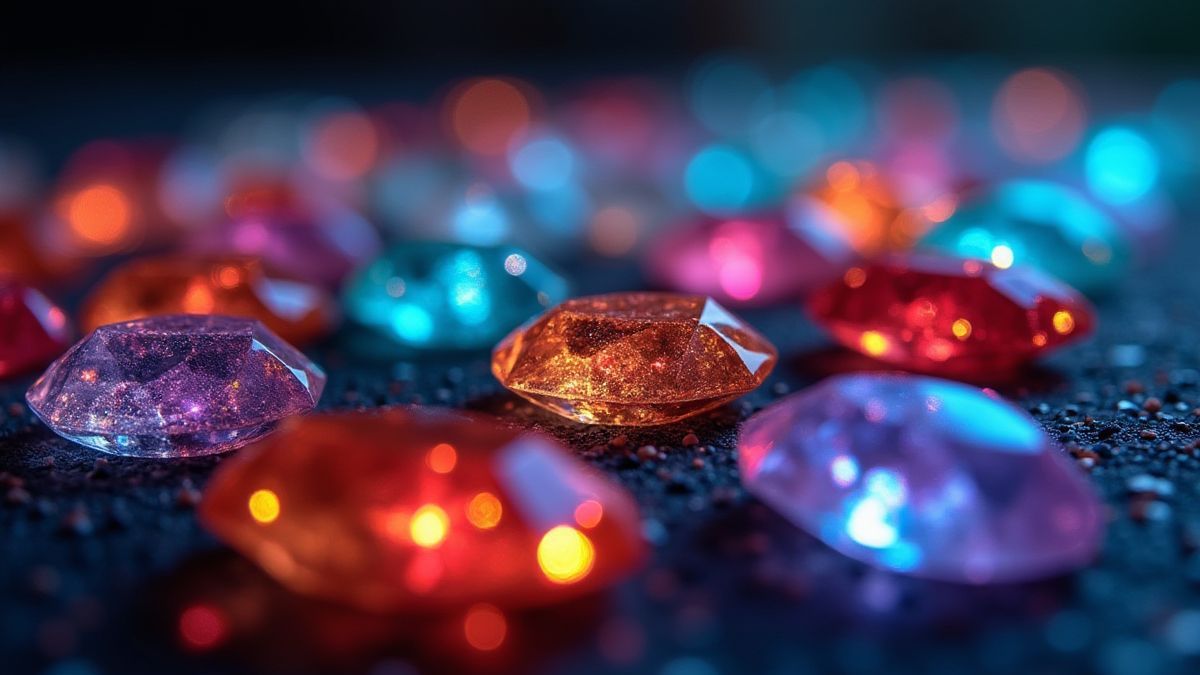 Joias brilhantes de vários cores resplandecendo na escuridão.