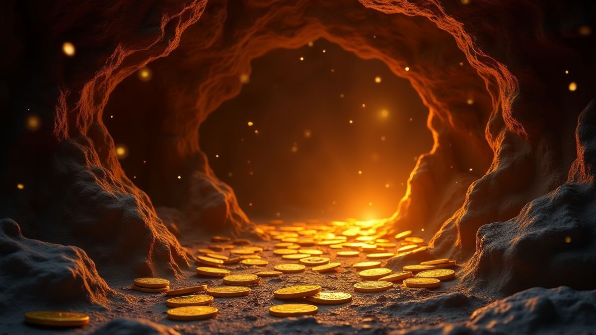 Una cueva iluminada con monedas de oro y gemas dispersas.