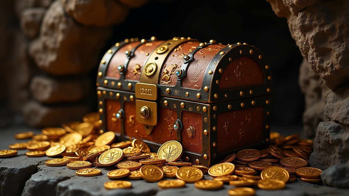 Un cofre del tesoro lleno de monedas de oro y joyas en una cueva.