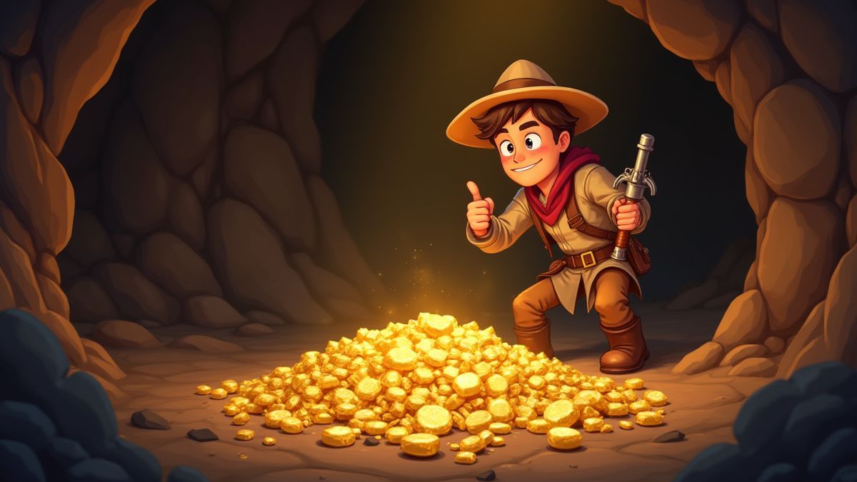 Un explorador descubriendo oro y gemas en una cueva.