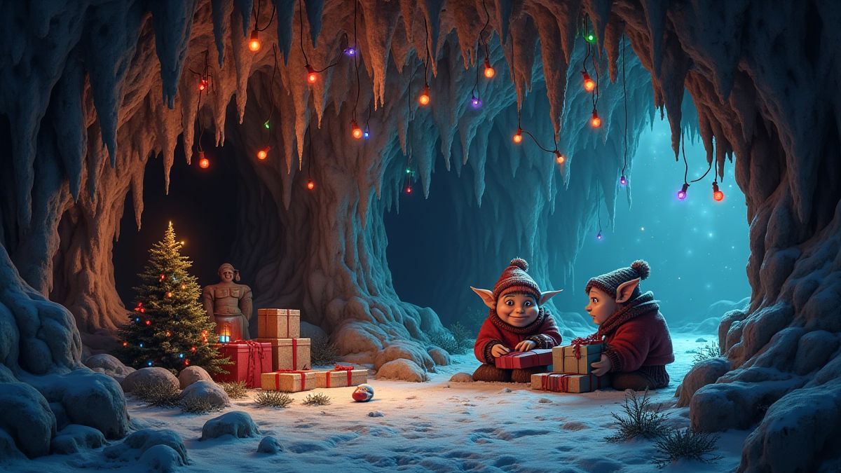 Una cueva acogedora con luces navideñas y goblins organizando regalos.