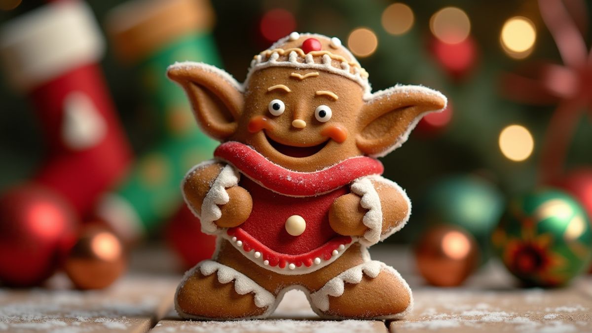 Galleta de jengibre festiva en forma de goblin junto a calcetines y campanas navideñas.