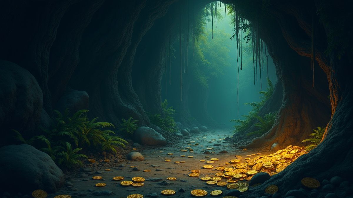 Dark cave with gold coins and ancient relics