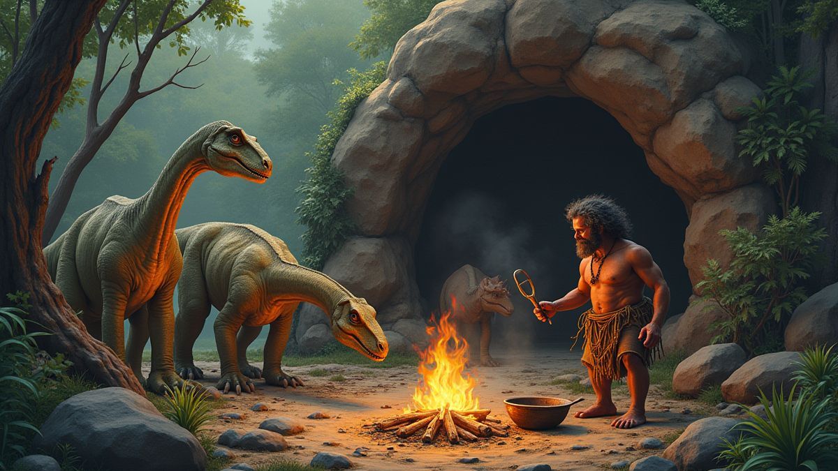 Escena prehistórica con dinosaurios y un cavernícola cocinando.
