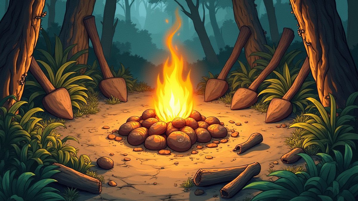 Herramientas prehistóricas y fogatas en un entorno natural.