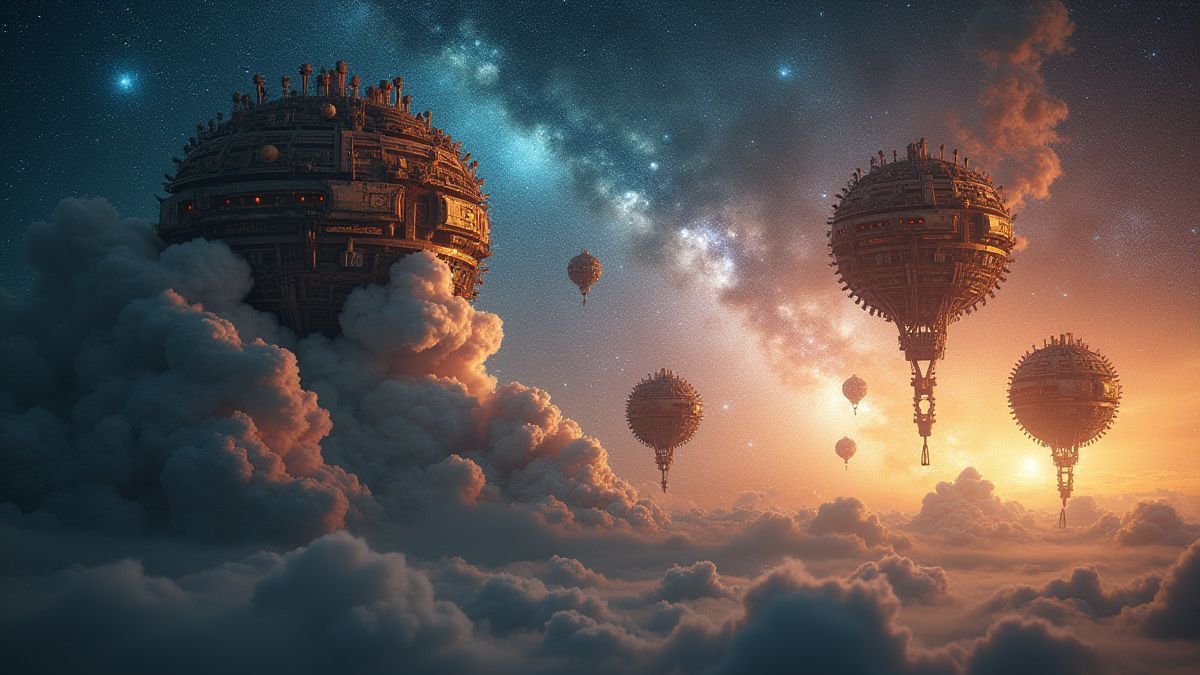 Una galaxia steampunk llena de engranajes flotantes y nubes de vapor.