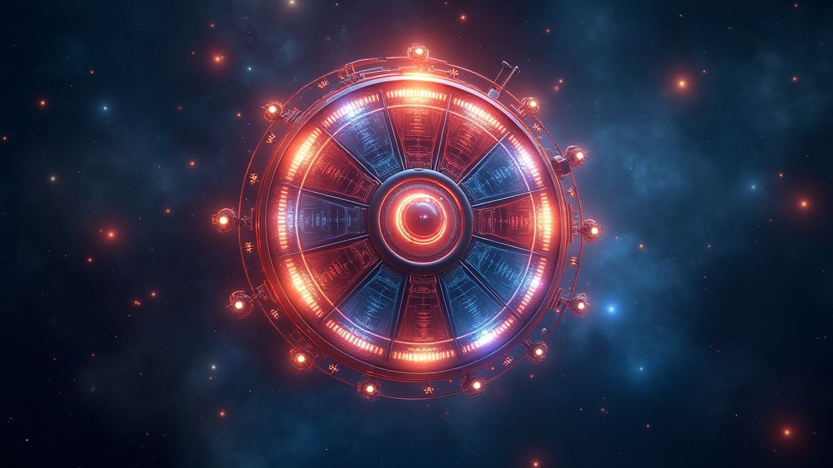 Una rueda futurista con símbolos brillantes y fondos cósmicos.