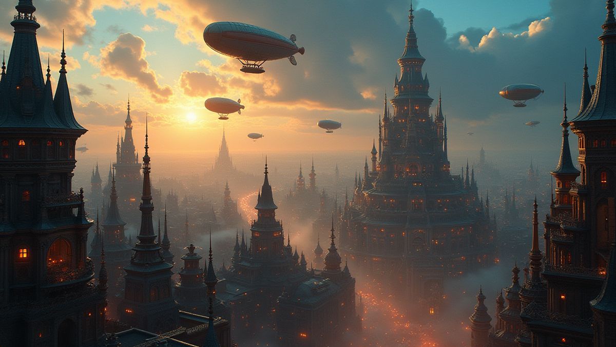 Eine Stadt steampunk beleuchtet mit Zepplinen und schwebenden Zahnrädern.