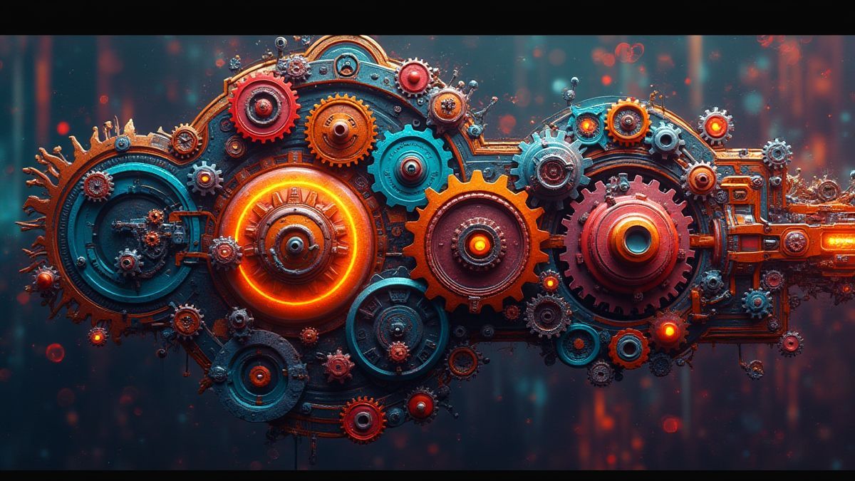 Bunte Zahnräder und eine steampunk Maschine in Aktion.