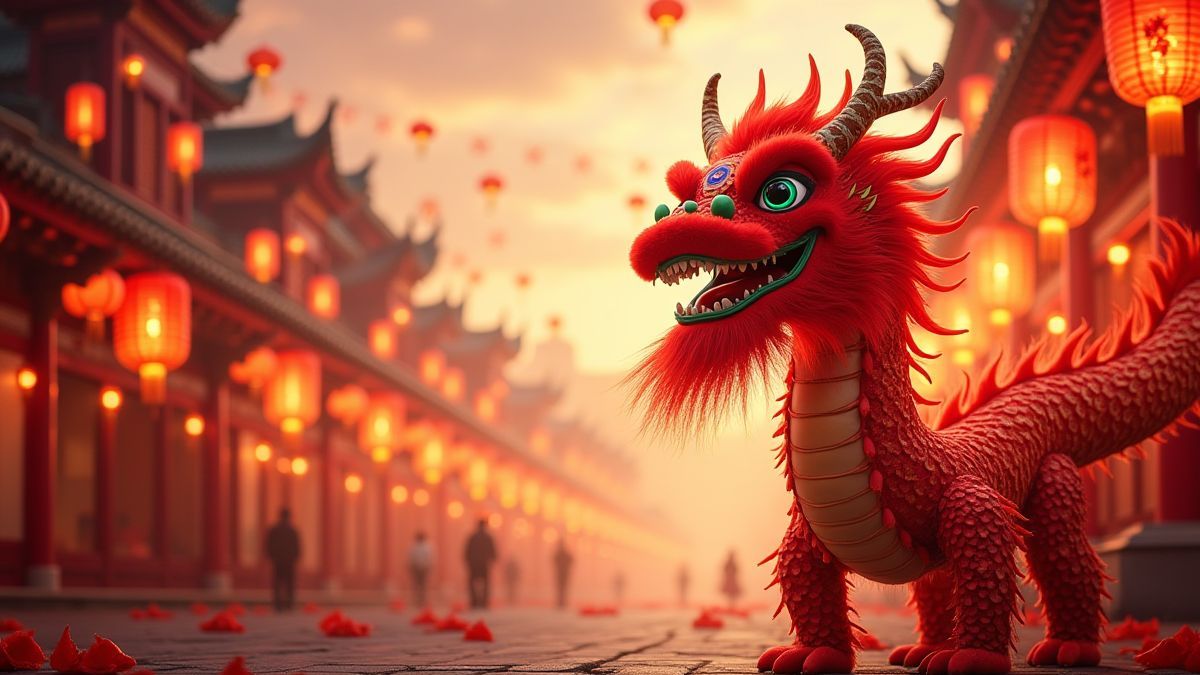 A Chinese festival scene with lanterns and a dragon parade.