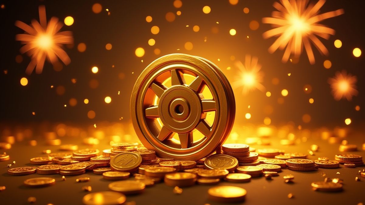 A golden reel surrounded by shining coins and fireworks.
