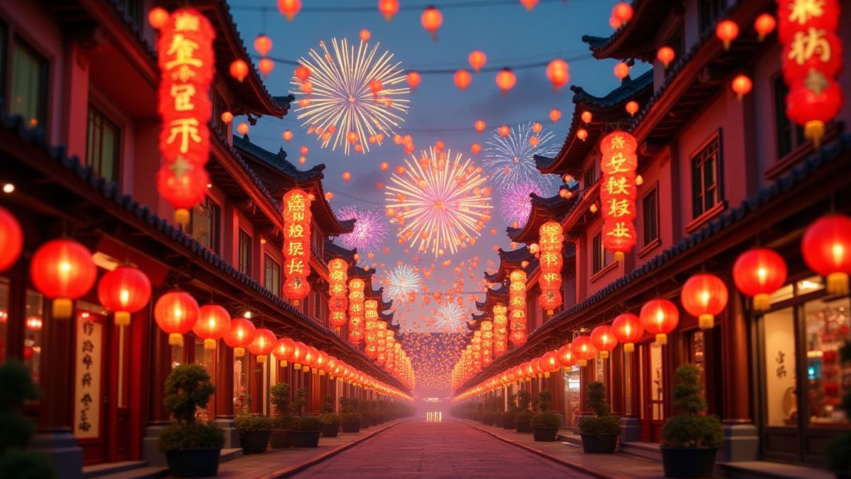 A festive Chinese street with lanterns and fireworks.