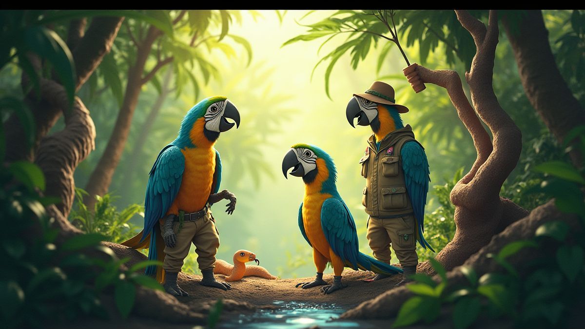 Escena animada de uma jungla com celebridades e animais exóticos.