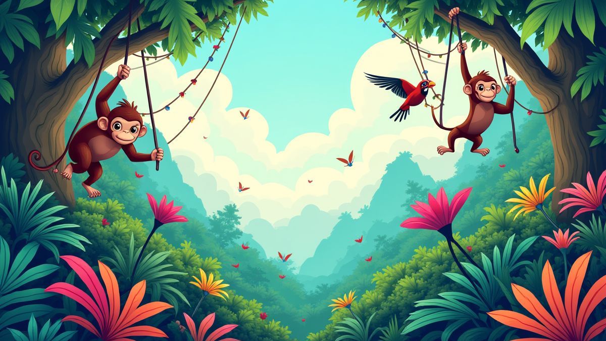 Ilustração de uma jungla colorida com animais exóticos.