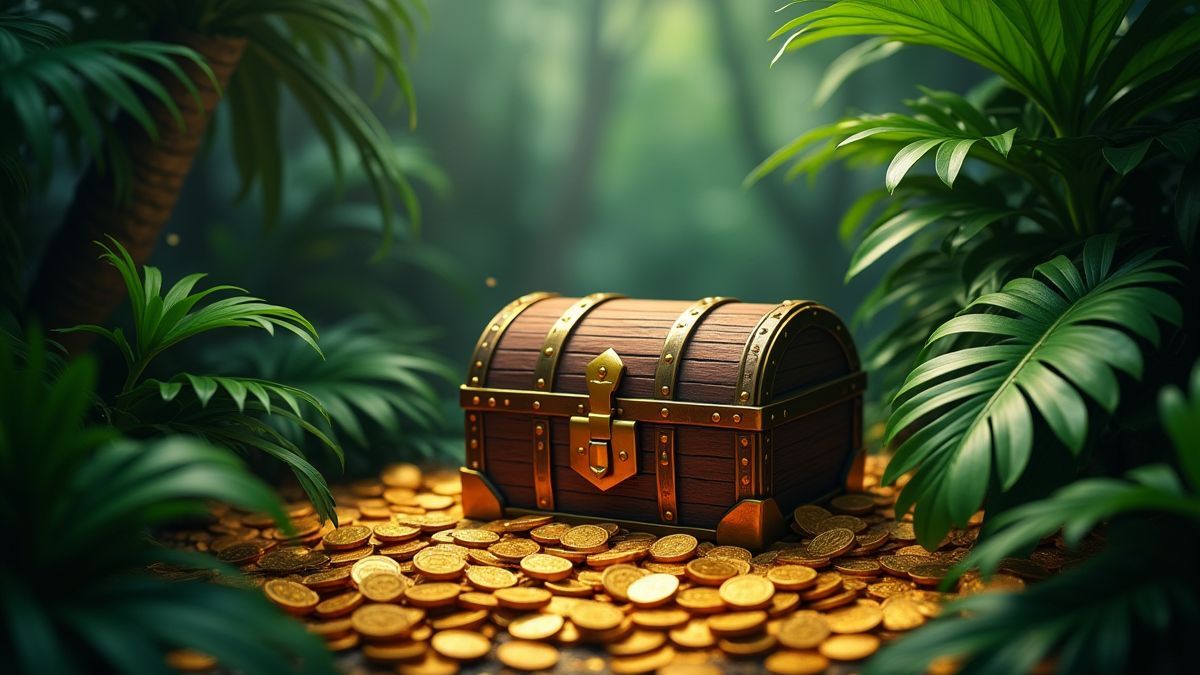 Cofre do tesouro na selva cercado por moedas de ouro.