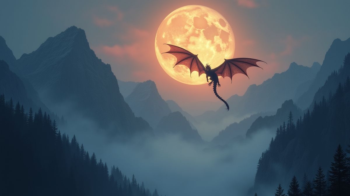 Drache, der durch neblige Berge unter einem leuchtenden Mond fliegt.