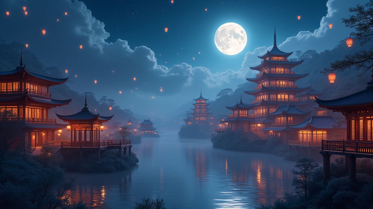 Ein asiatisches, mystisches Königreich mit Pagoden und schwebenden Laternen