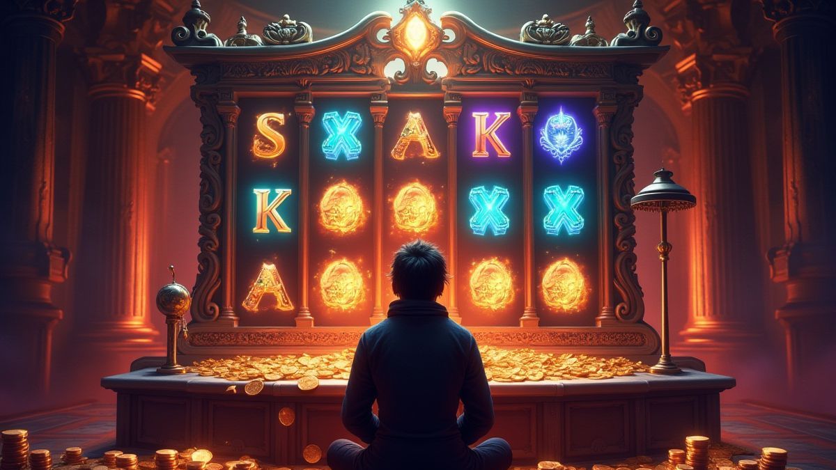 Spieler vor einer mystischen Spielautomaten mit leuchtenden Symbolen