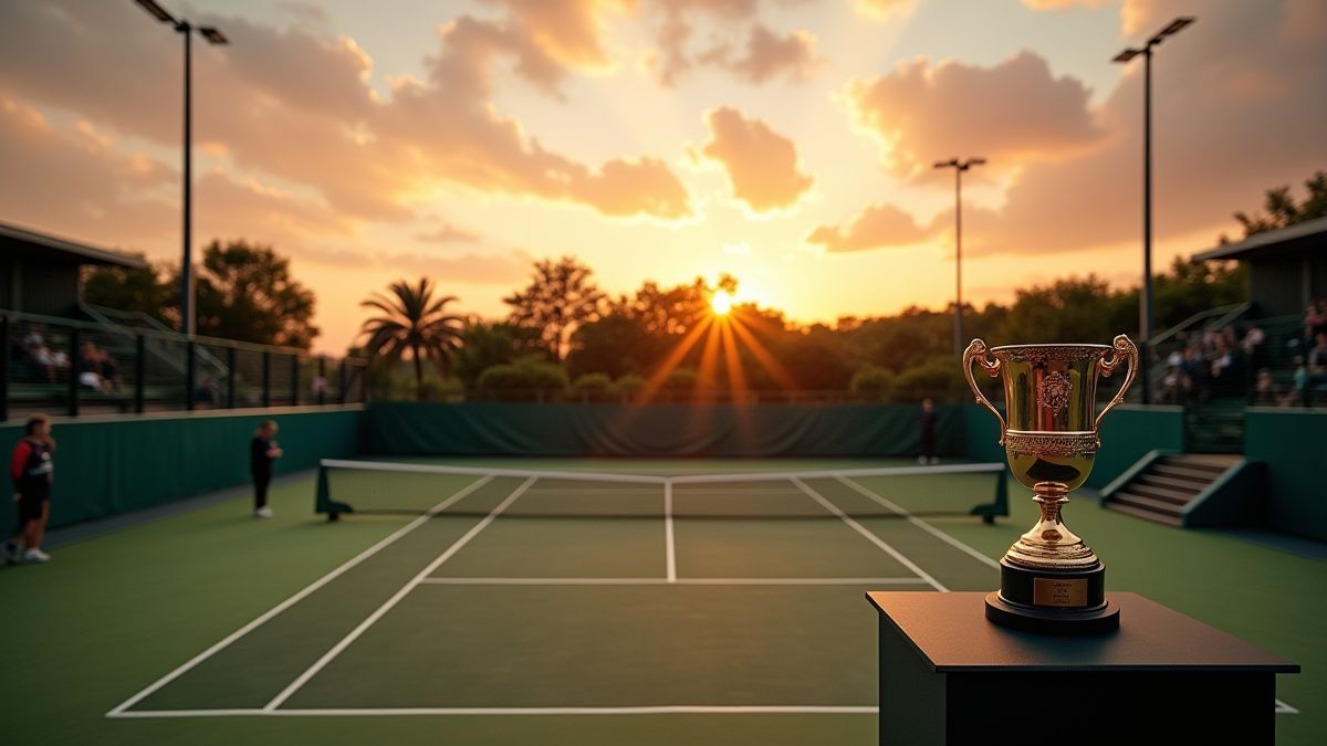 Een tennisbaan bij zonsondergang met spelers die zich aan het opwarmen zijn.