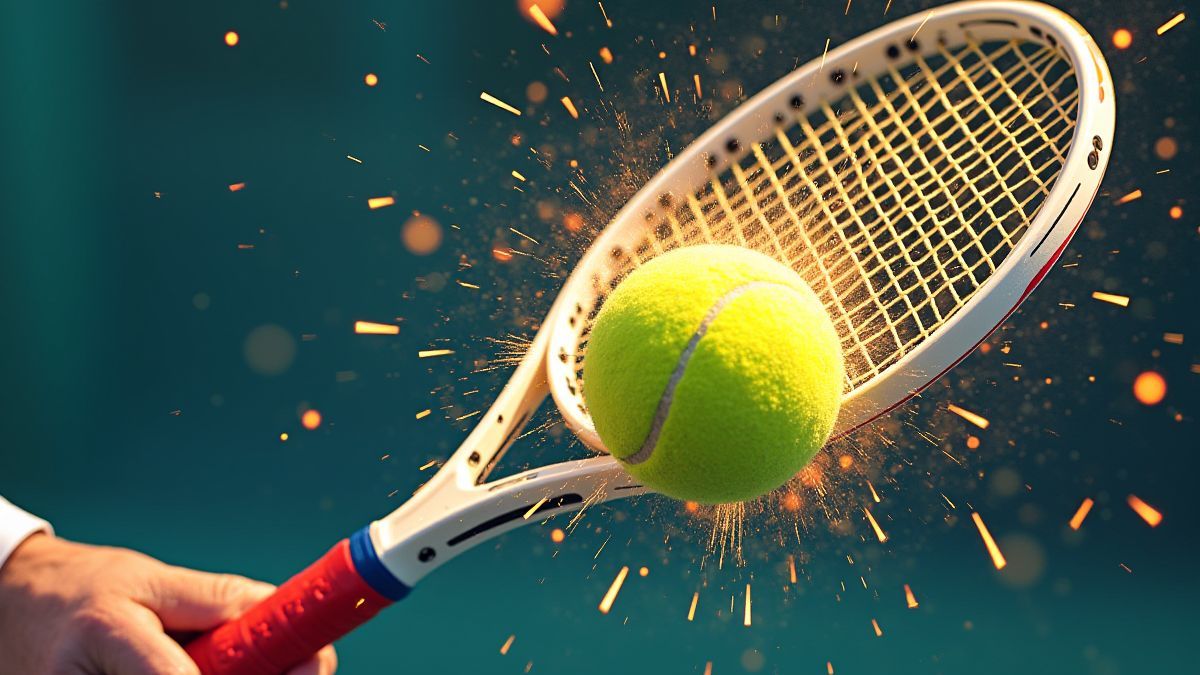 Een close-up van een racket dat een tennisbal in beweging raakt.