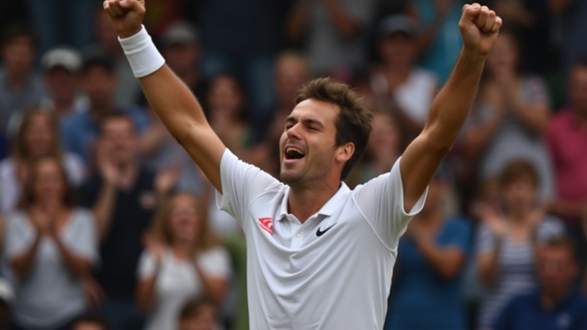 Een tennisser die zijn overwinning viert omringd door fans.