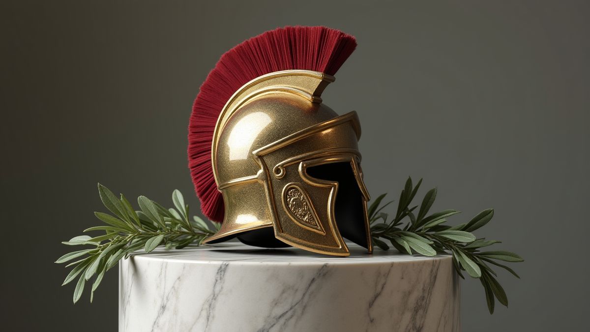 Roman soldier helmet on a marble pedestal surrounded by olive branches.